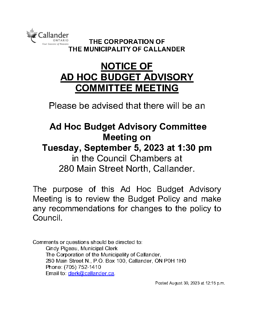 Notice of Ad Hoc Budget Advisory Committee Meeting